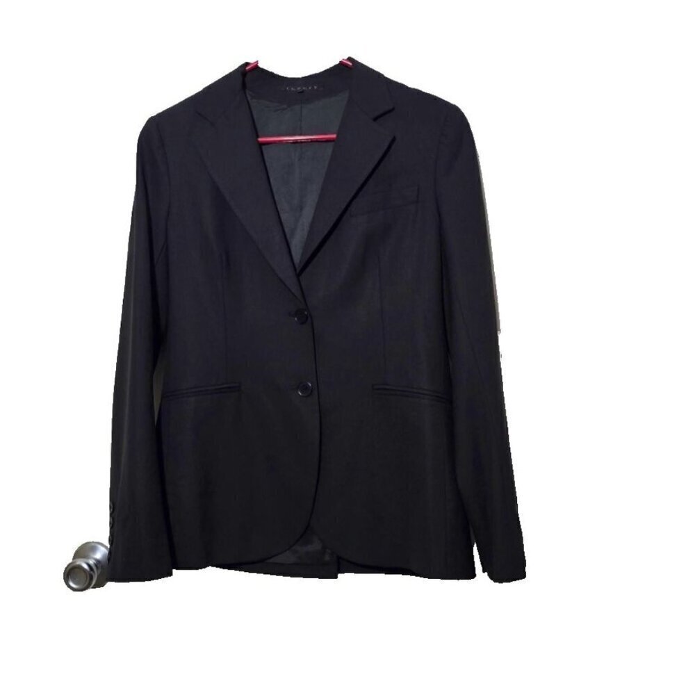 Theory Womens Wide Lapel Two Button Blazer Jacket Sz 8 Black Wool Blend Capsule
